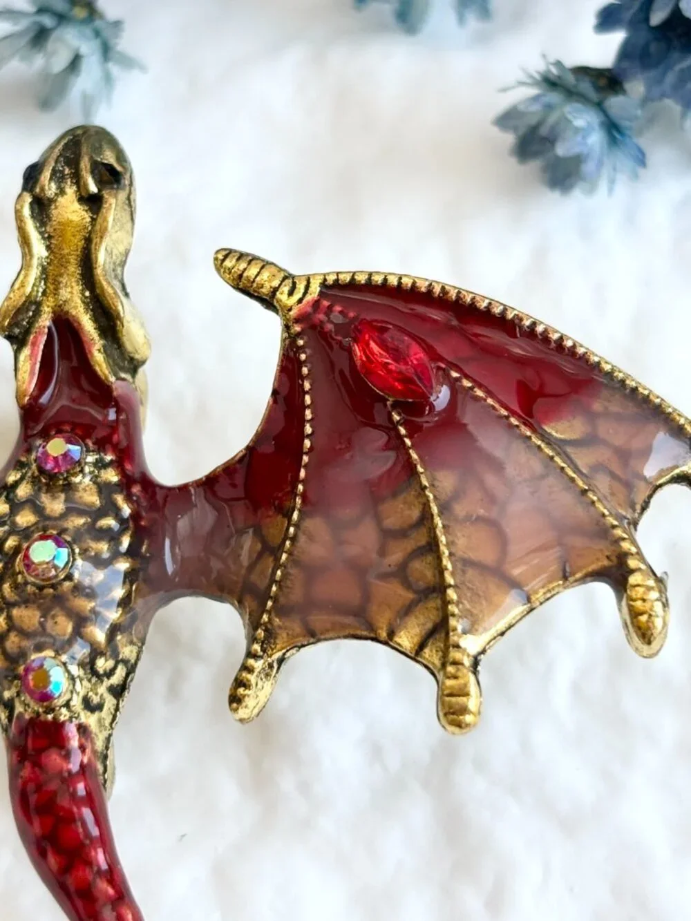 Flying Dragon Figural Red Winged Enameled Rhinestone Ornate Textured Brooch Pin
